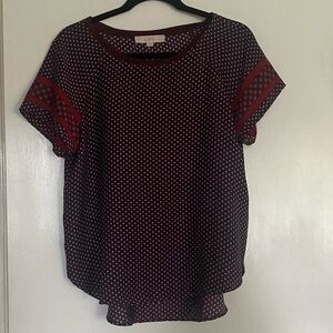 LOFT Burgundy Polka Dot Short Sleeve Blouse
